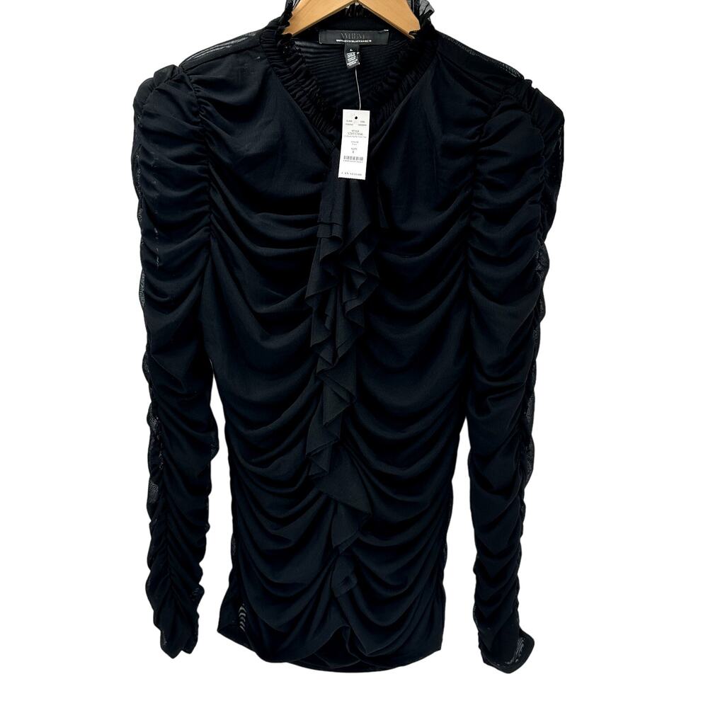 Like New White House Black Market Black Ruched Ruffle Front Blouse